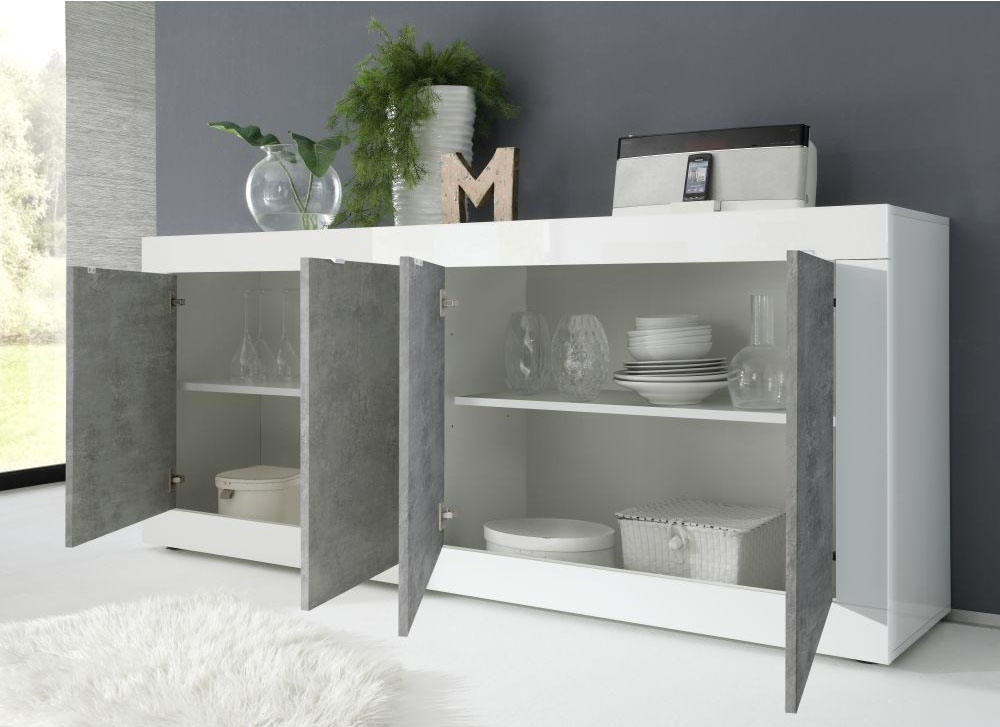 Madia in stile moderno bianco lucido e grigio cemento - immagine 2