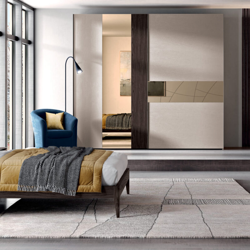 Camera da letto in stile moderno colore creta e noce brown