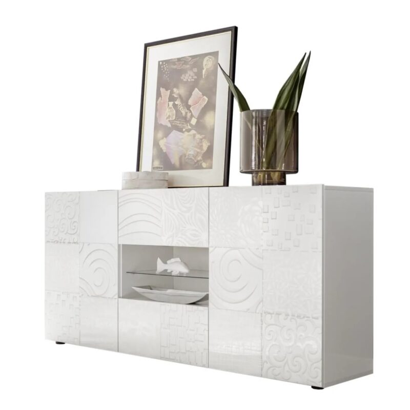 Madia in stile moderno colore bianco lucido serigrafato